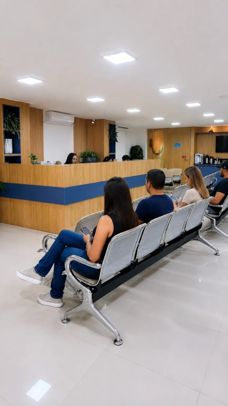 Balcão de recepção da RiosMed e fileira de assentos na área de espera.