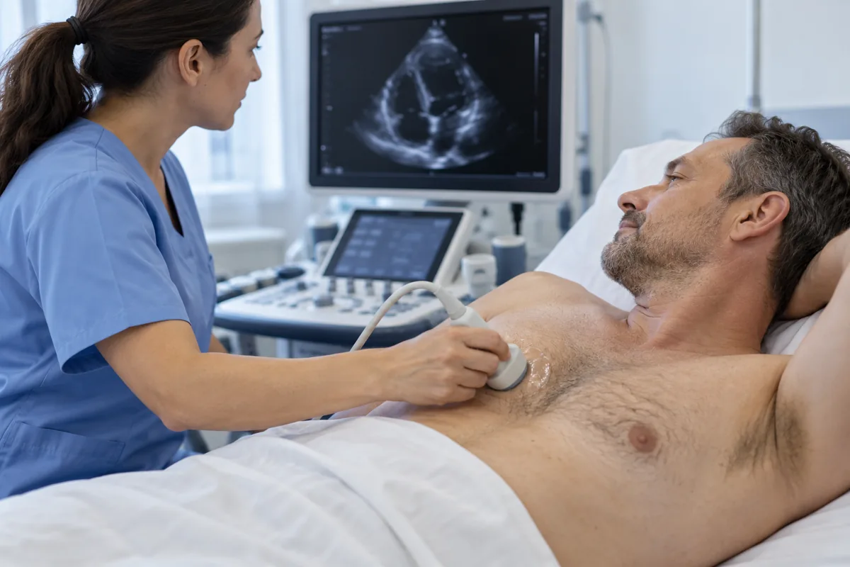 Imagem ilustrativa de profissional usando transdutor de ultrassom no tórax de um paciente.