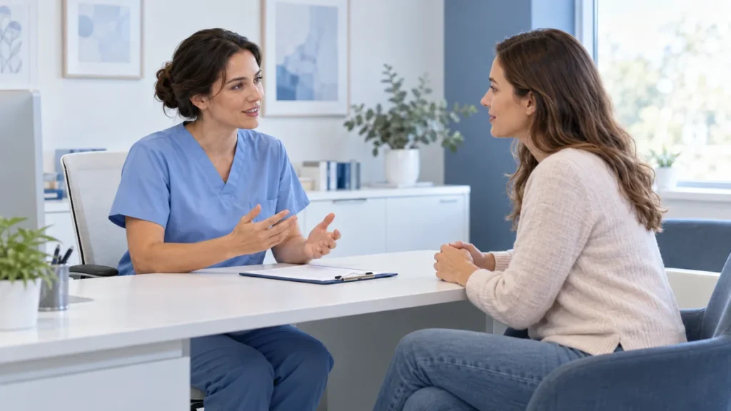 Imagem ilustrativa de profissional de saúde conversando com uma paciente durante consulta.