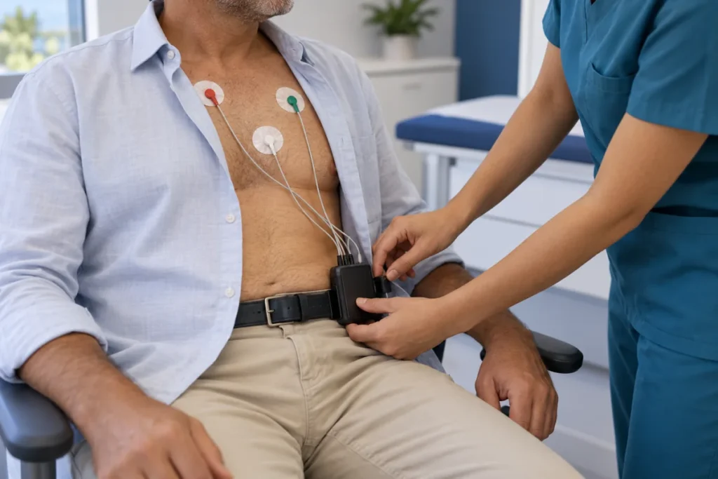 Imagem ilustrativa de paciente com eletrodos no tórax ligados a um monitor Holter portátil.