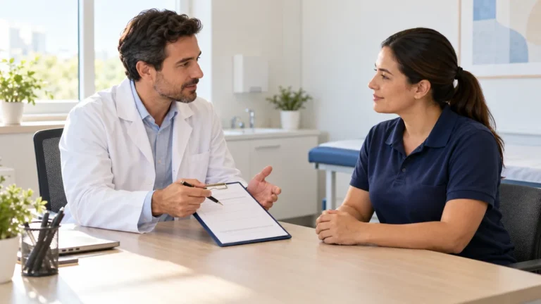 Imagem ilustrativa de consulta de saúde ocupacional com profissional e trabalhadora em consultório.