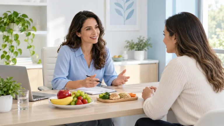 Imagem ilustrativa de profissional de nutrição conversando com paciente, com alimentos sobre a mesa.