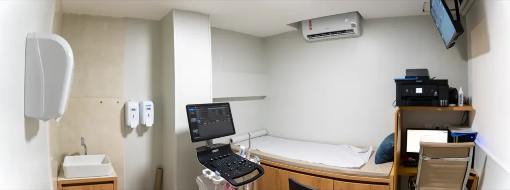 Sala da RiosMed com aparelho de ultrassonografia e maca.